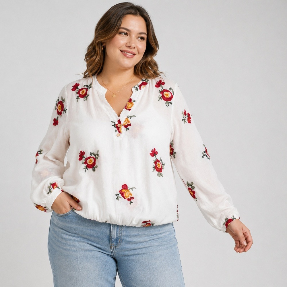 Kindred Boho Embroidered Floral Blouse XL White Peasant‎ Top